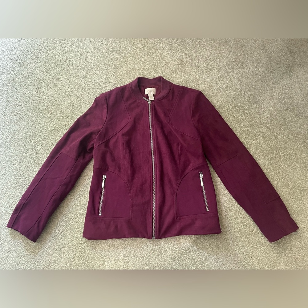 Chico’s maroon bomber style jacket.